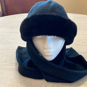 Turtle Fur black faux fur ski/winter hat with wrap around scarf.